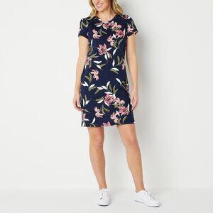 New Liz Claiborne Short Sleeve Dress Navy Floral, US Sizes M, XL, XXL
